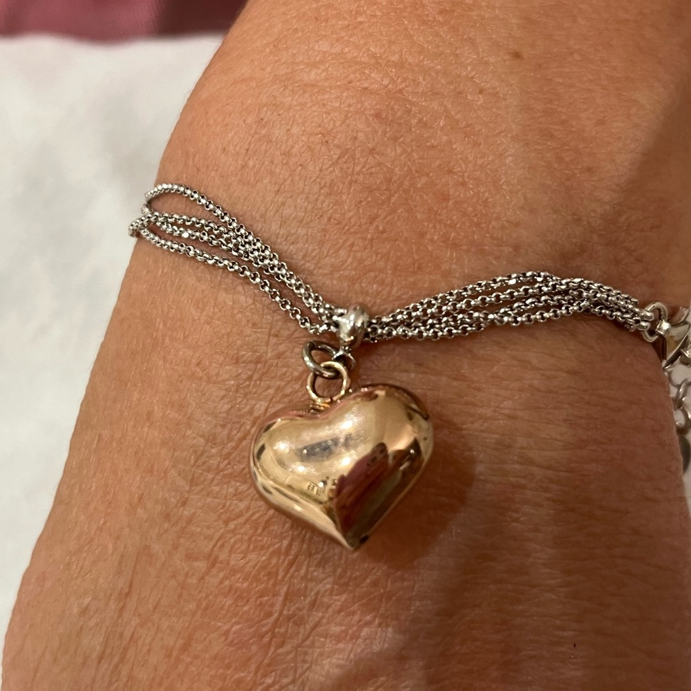 925 Silver Bracelet & Rose Gold over silver Heart charm, 7.5”L adjustable
